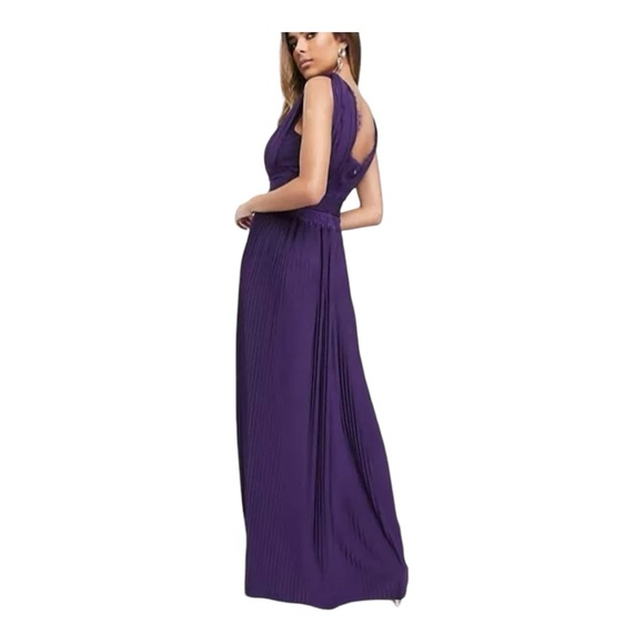 ASOS Dresses & Skirts - ASOS Dark Purple Pleated Maxi Dress Size 4 V Neck Lace Prom Wedding Guest Slits